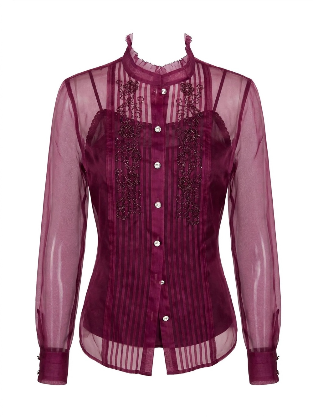Reba Sheer Beaded Burgundy Button-Front Blouse